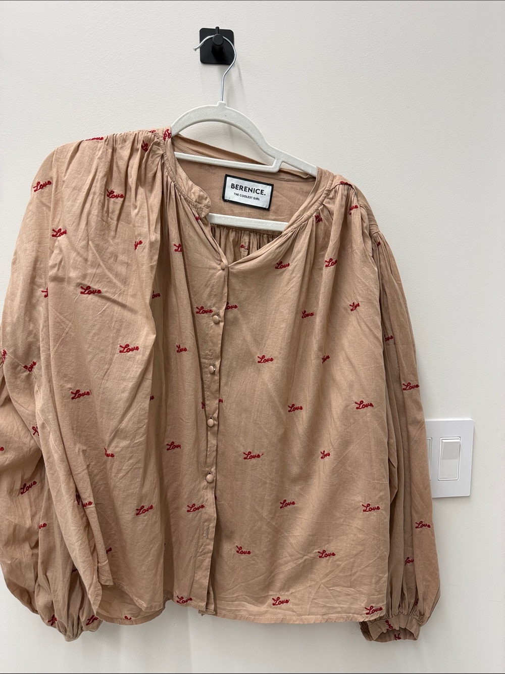 Berenice Beige Embroidered 'Love' Button-Front Blouse